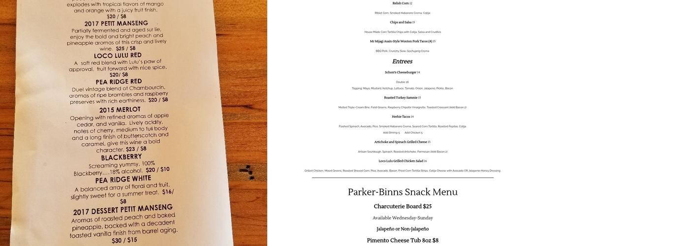 Parker-Binns Vineyard Menu