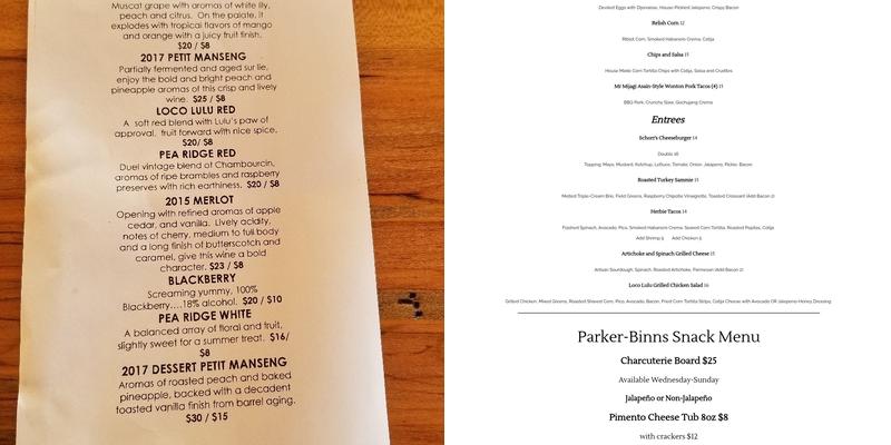 Parker-Binns Vineyard Menu