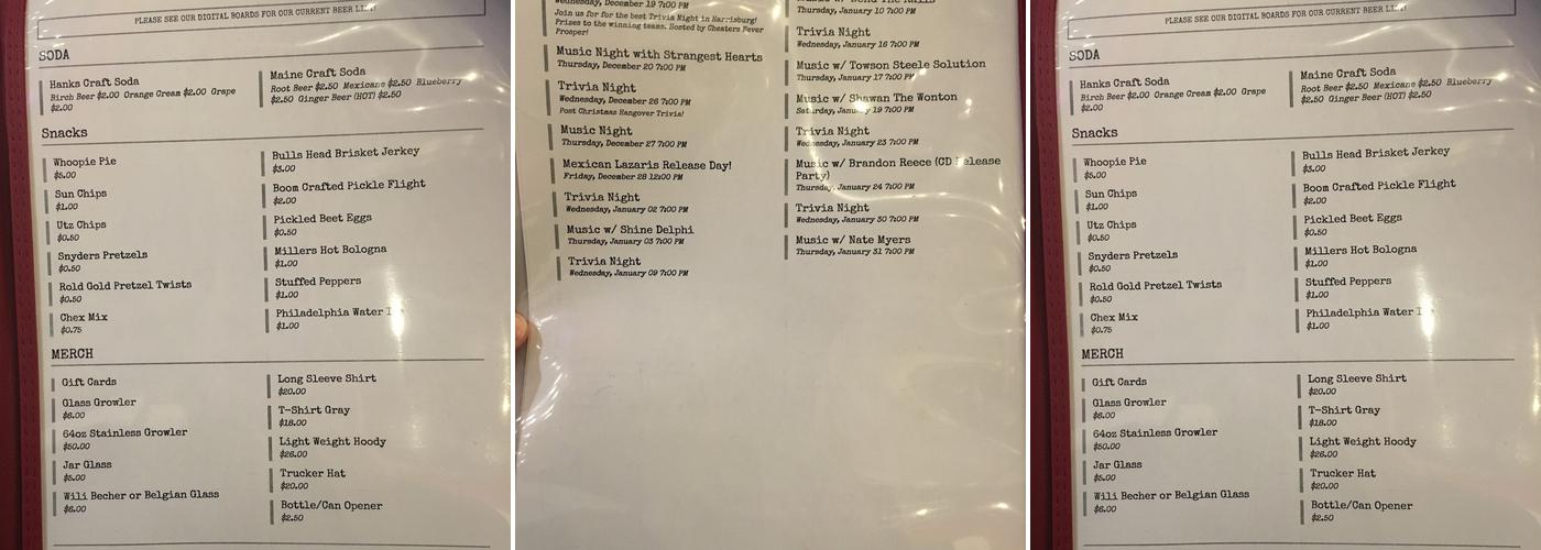 Boneshire Brew Works Menu