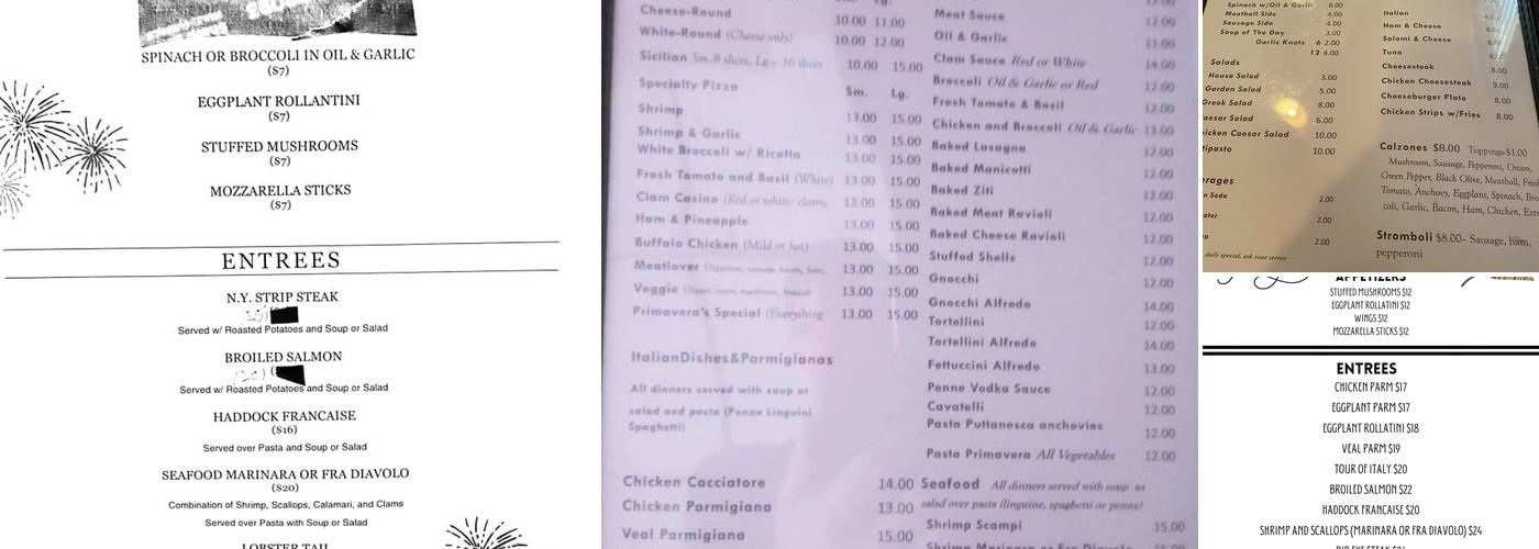 Primaveras Pizza Menu