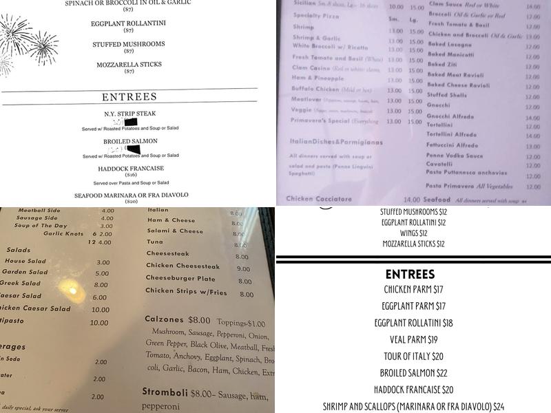 Primaveras Pizza Menu