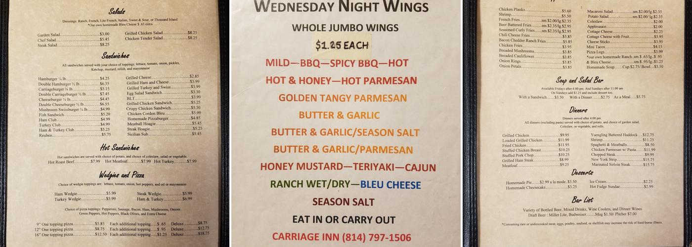 Carriage Inn Menu