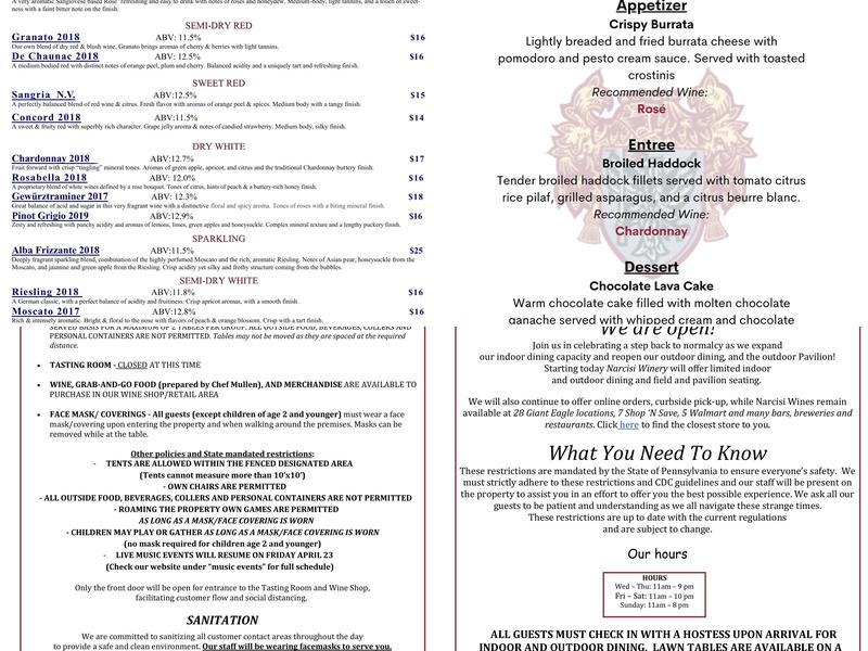 Narcisi Winery Menu