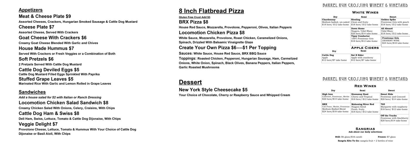 Barrel Run Crossing Winery and Vineyard Menu