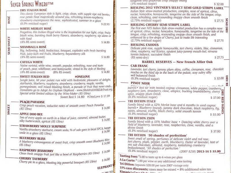 Silver Springs Winery Menu