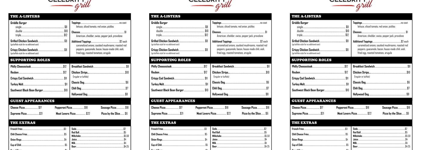 Celebrity Grill Menu