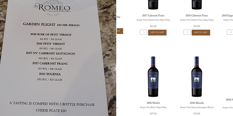 Romeo Vineyards & Cellars Menu