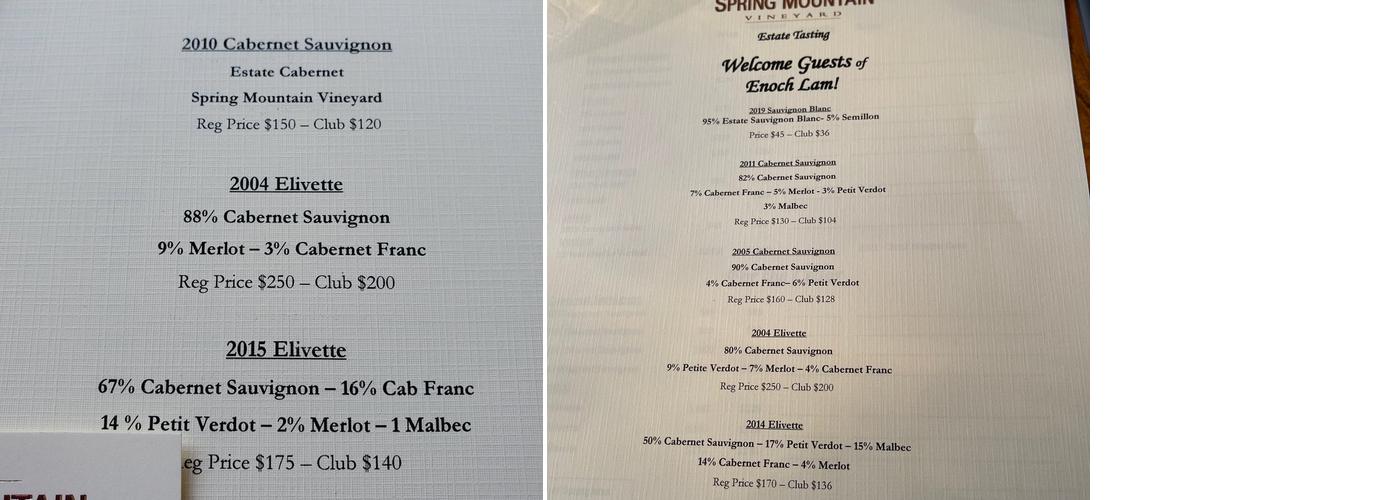 Spring Mountain Vineyard Menu