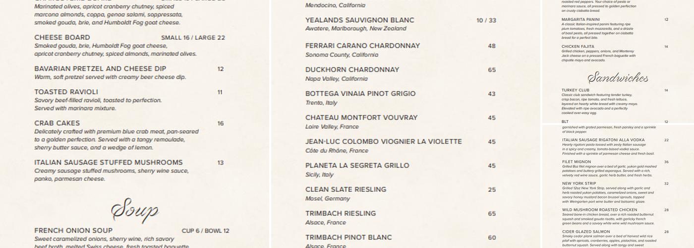 Weingarten Vineyard Menu