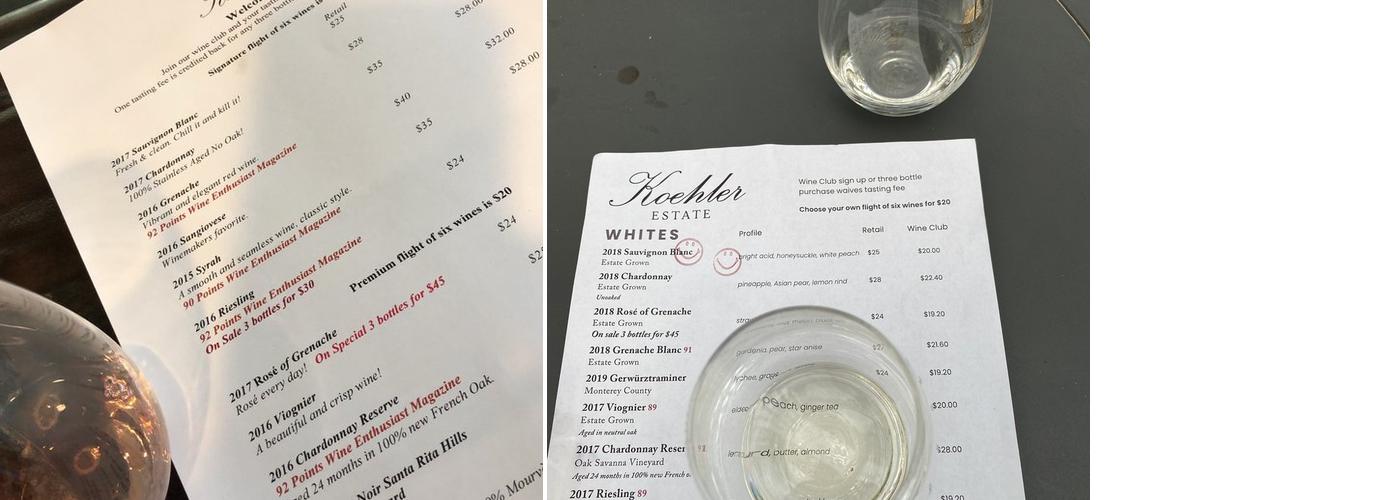 Koehler Winery Menu