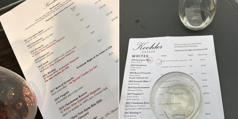 Koehler Winery Menu