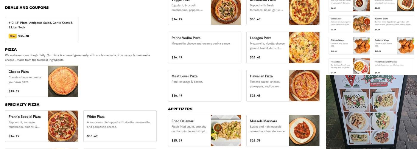 Frank's Pizza Restaurant Menu