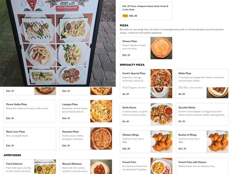 Frank's Pizza Restaurant Menu