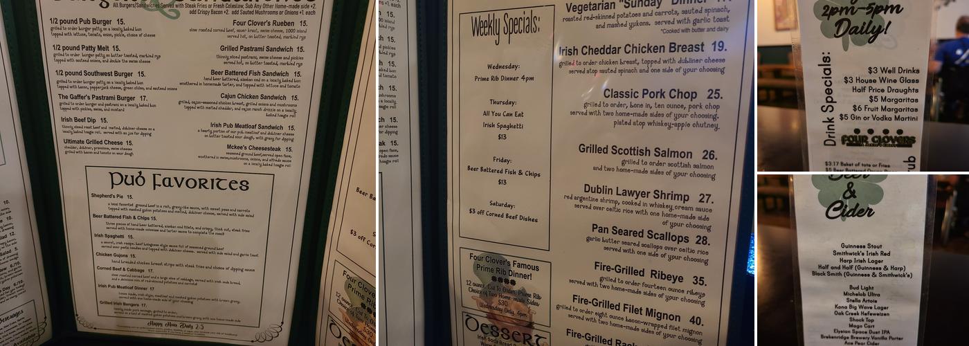 Four Clovers Restaurant Menu