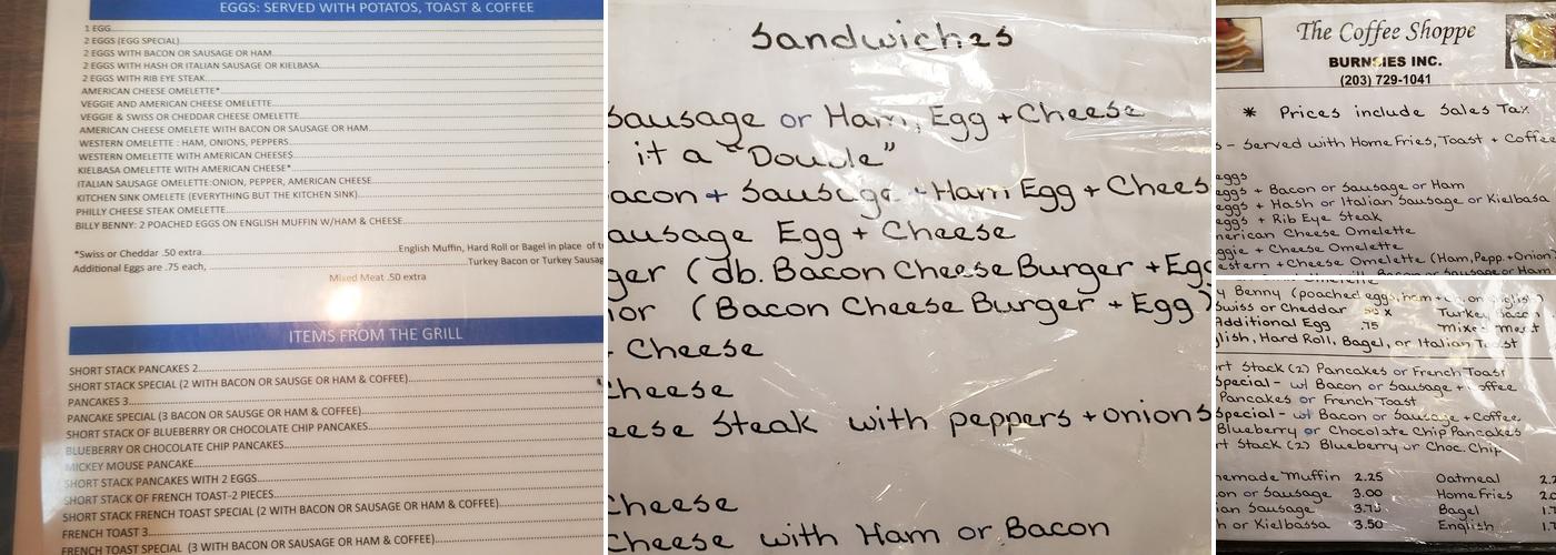 The Coffee Shoppe [“Burnsie's”] Menu