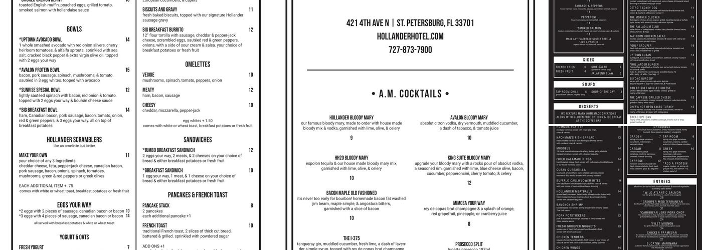 Tap Room at the Hollander Hotel Menu