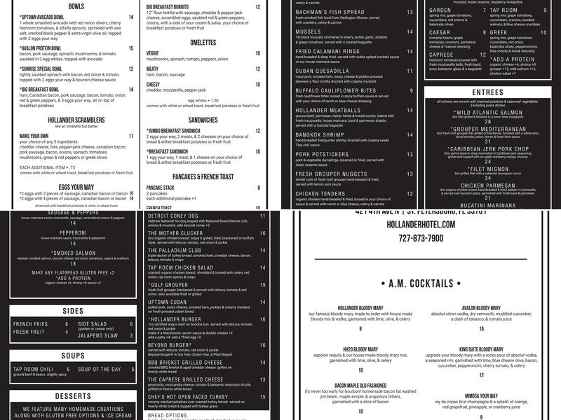 Tap Room at the Hollander Hotel Menu