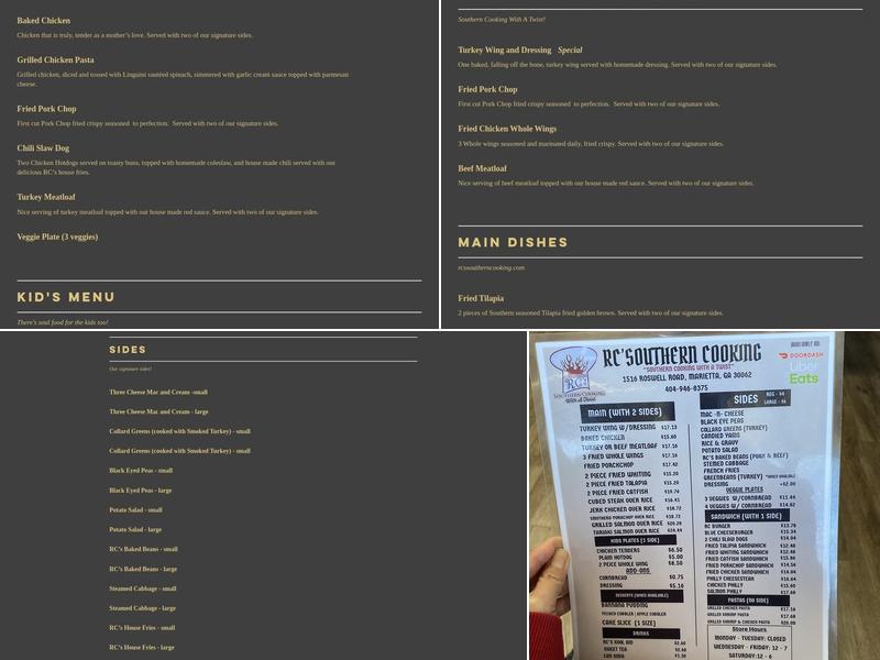 R C's Southern Cooking Menu