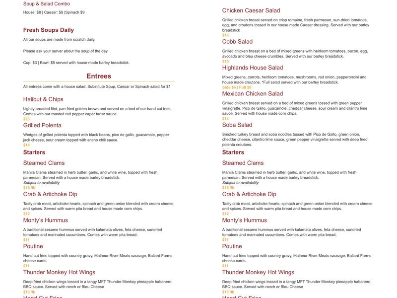 Highlands Hollow Brewhouse Menu