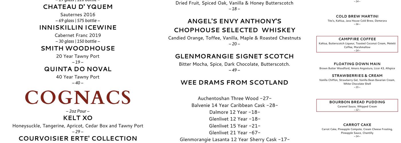 Anthony’s Chophouse Menu