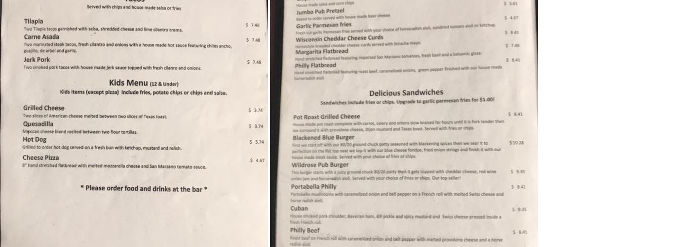 Wildrose Brewing Company Menu