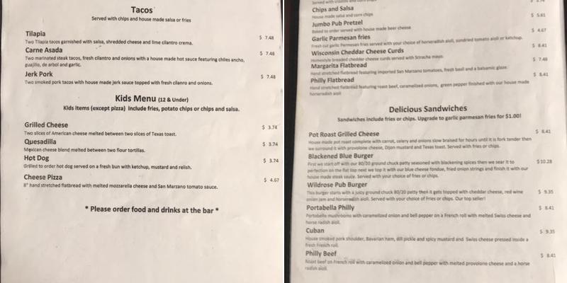 Wildrose Brewing Company Menu
