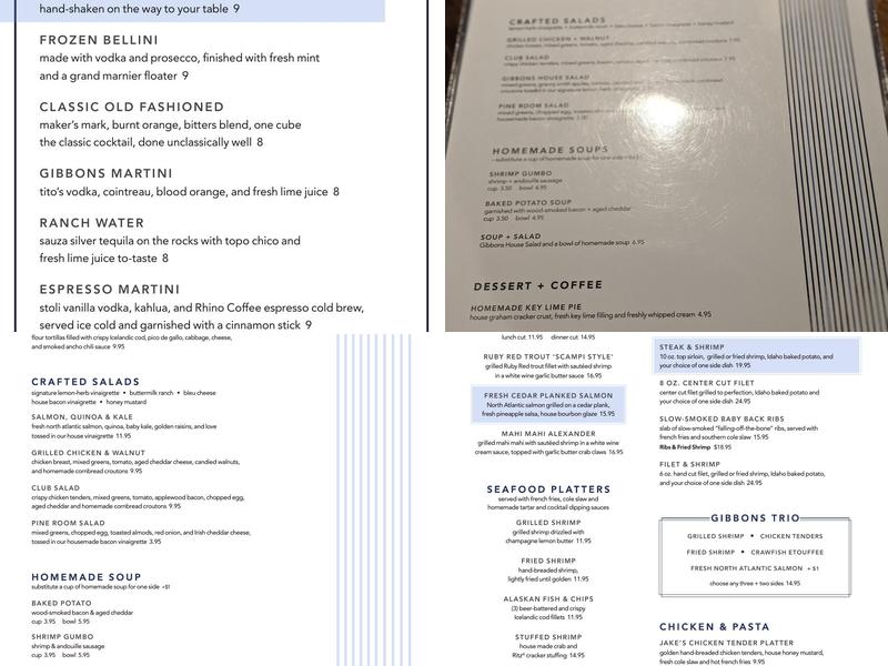 Gibbons Fine Grill Menu