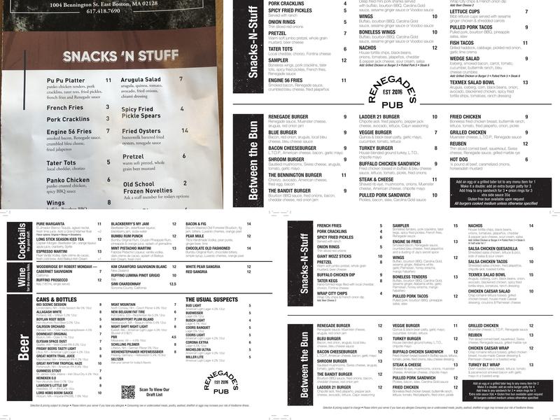 Renegade's Pub Menu