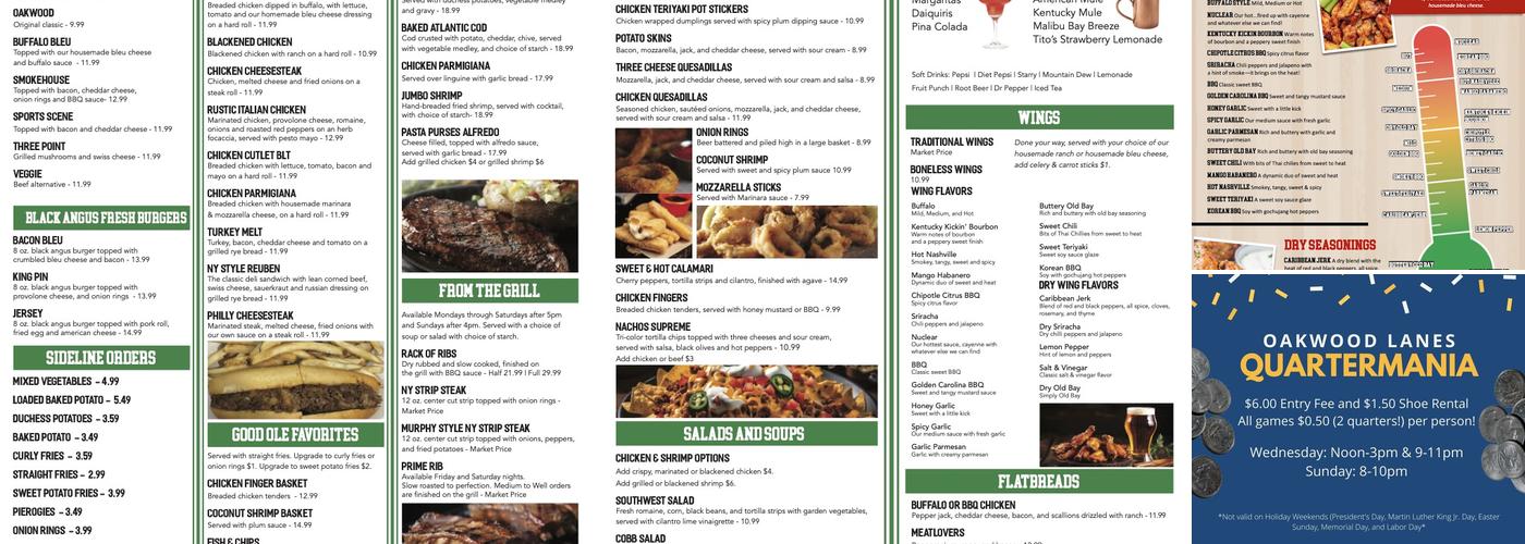Oakwood Lanes Menu
