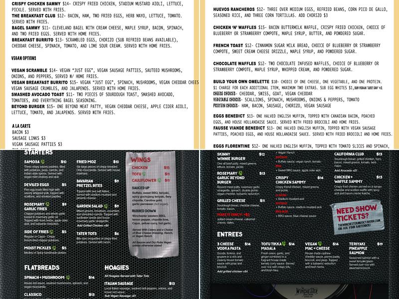 The Winchester Music Tavern Menu