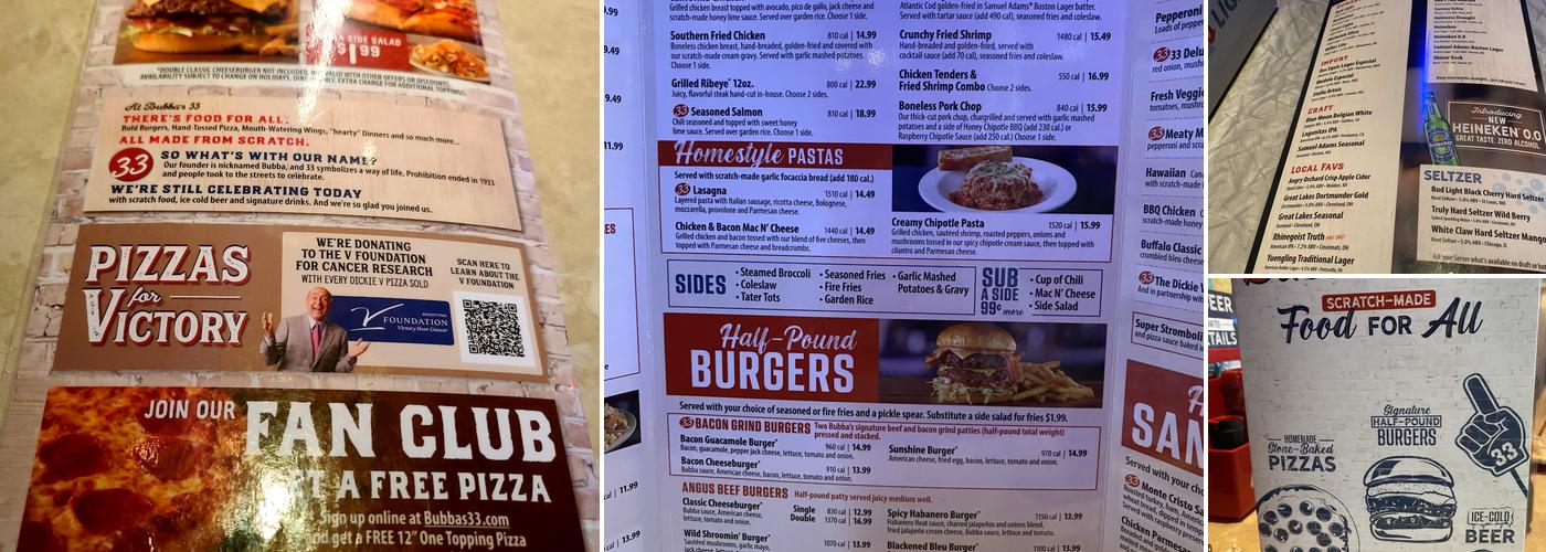 Bubba's 33 Menu