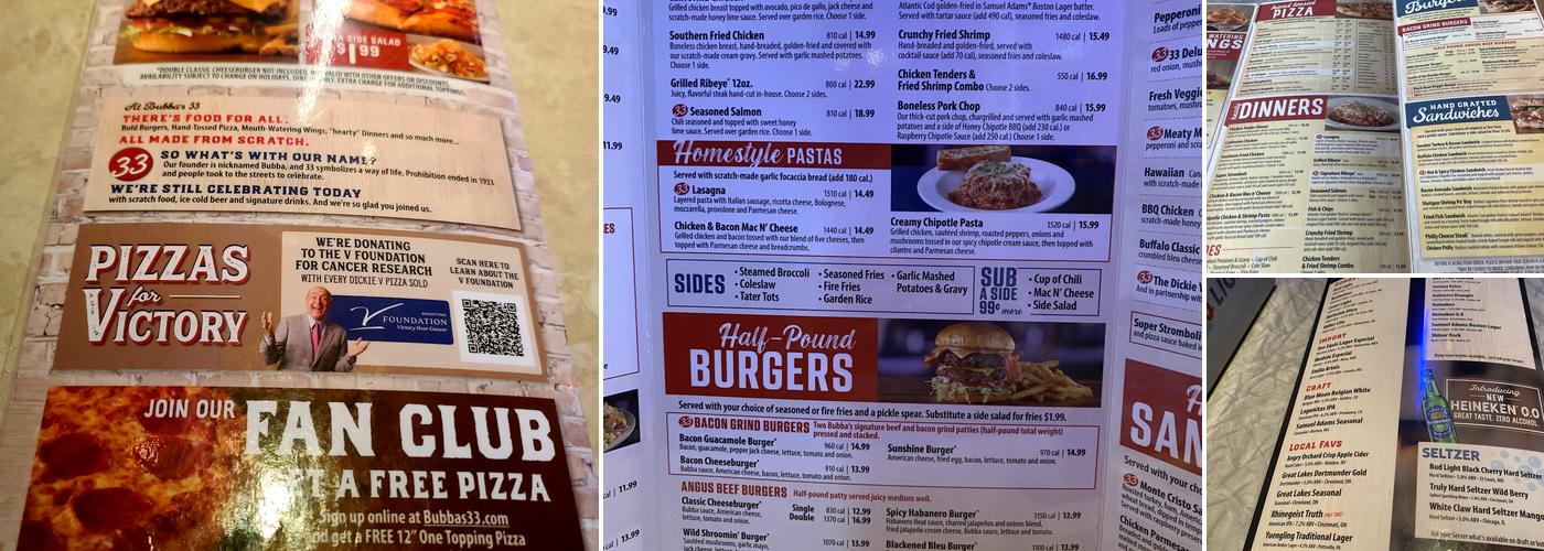 Bubba's 33 Menu