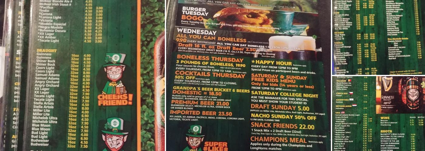 McCarthy’s Irish Pub Menu