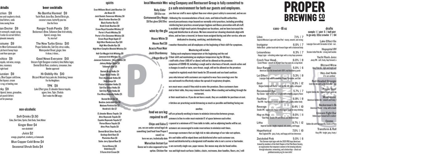 Proper Brewing Co. Menu