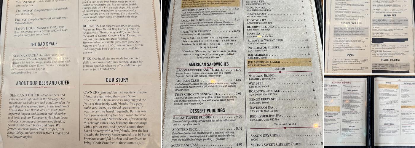 Santiam Brewing Menu