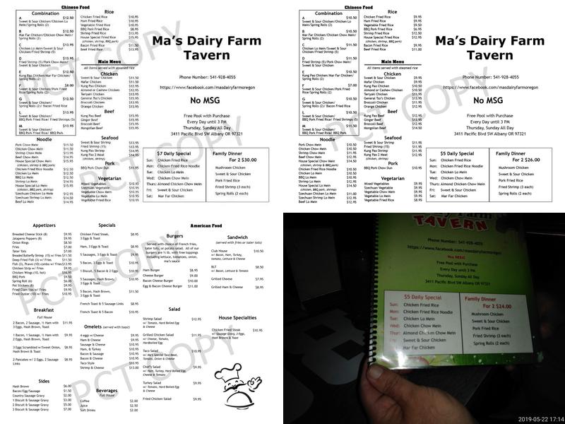 Ma’s Dairy Farm Menu