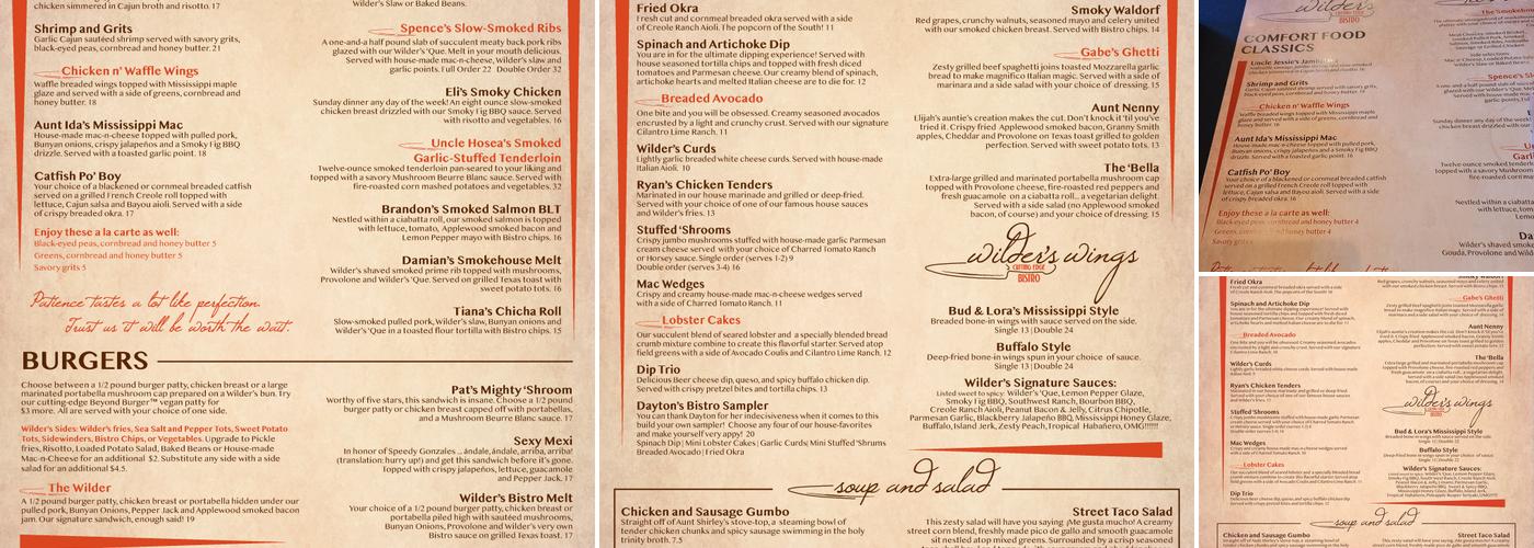 Wilder's Cutting Edge Bistro Menu