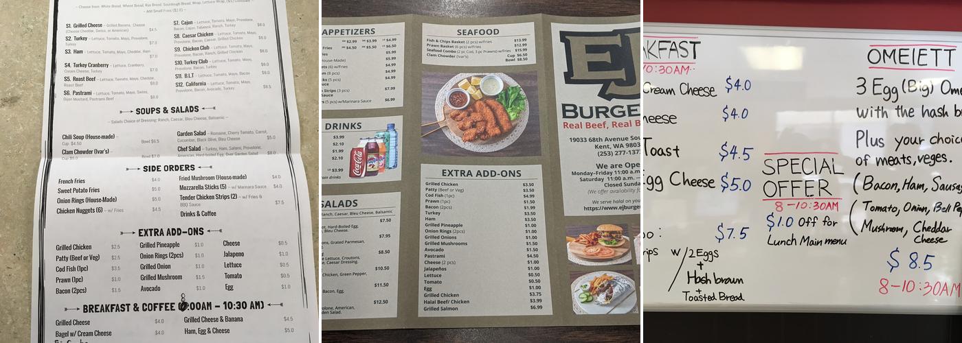 EJ Burger Menu