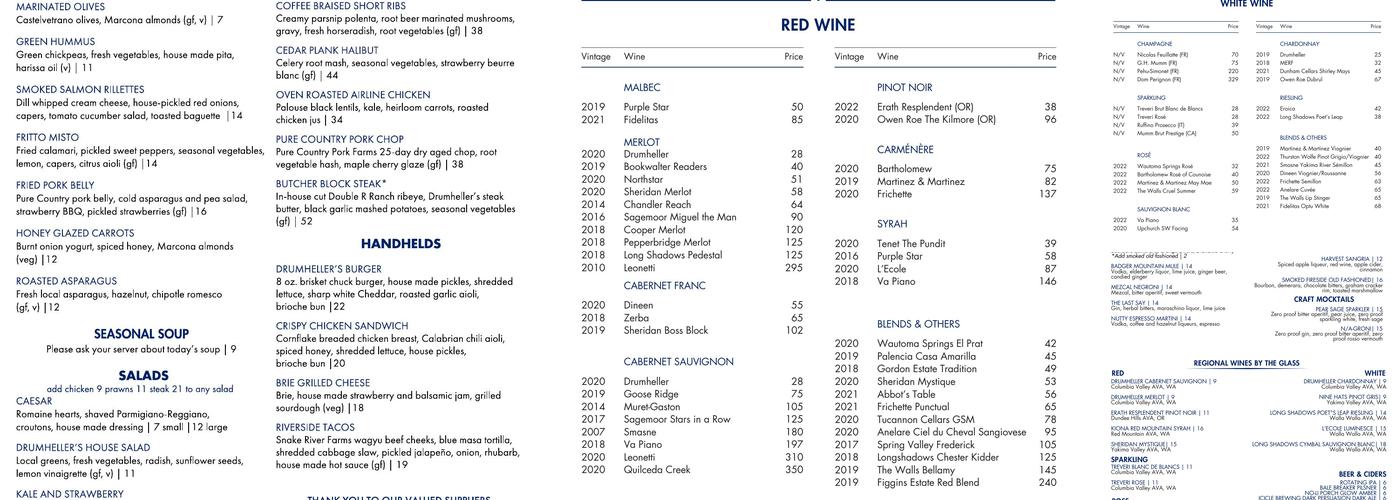 Drumheller's Food & Drink Menu