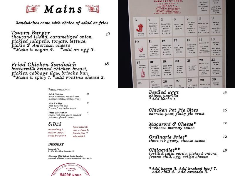 The Ordinarie Tavern Menu