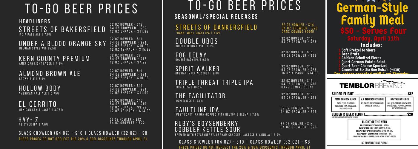Temblor Brewing Company Menu