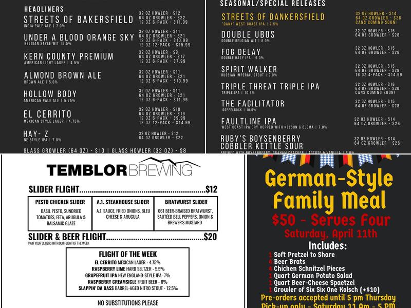 Temblor Brewing Company Menu