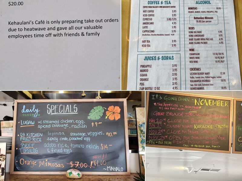 Kehaulani’s Cafe Menu