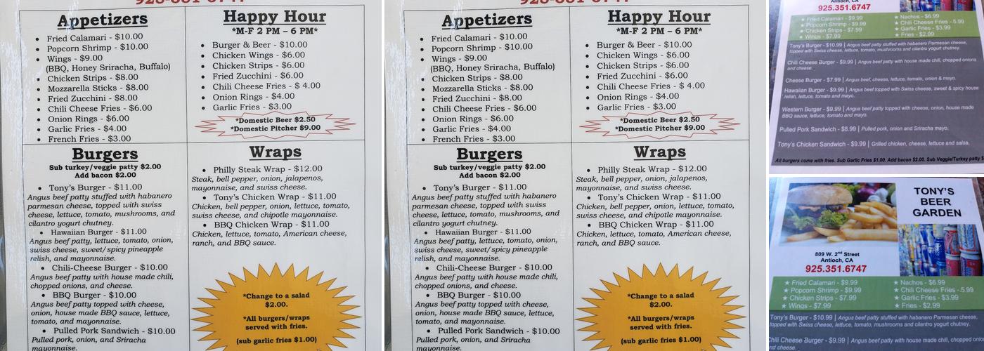 Tony's Beer Garden Menu