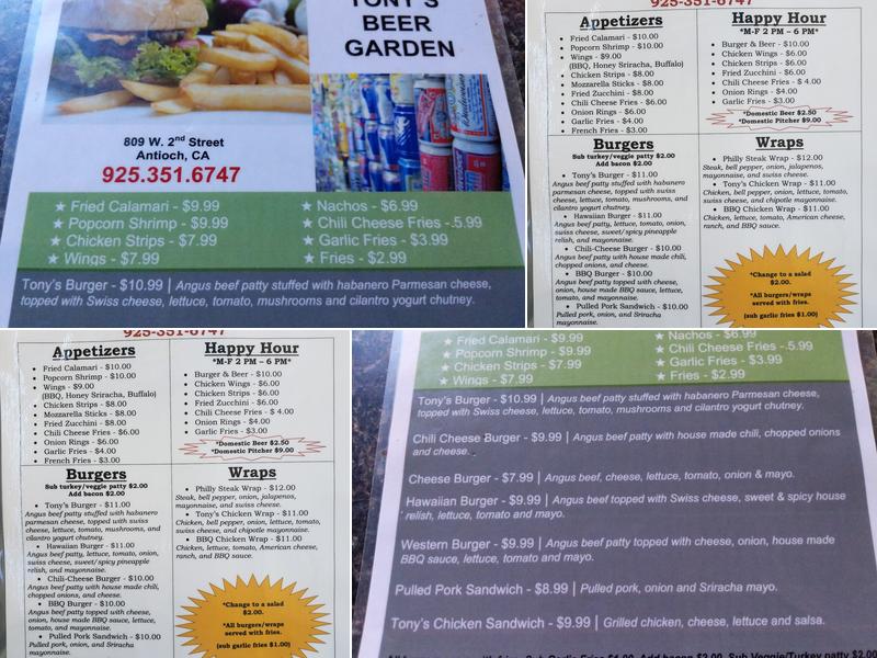 Tony's Beer Garden Menu