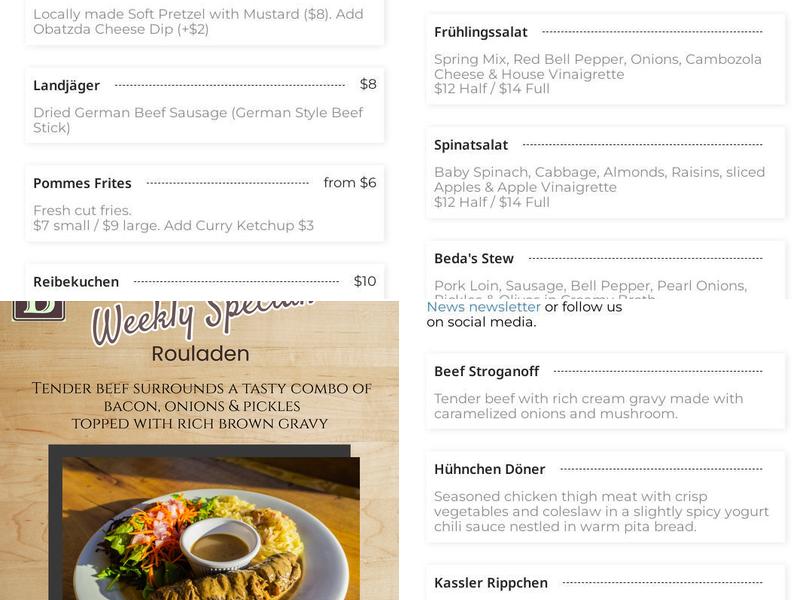 Beda's Biergarten Menu
