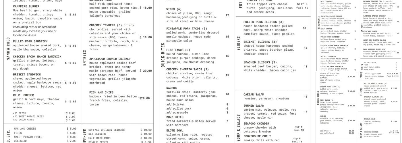 Bath Brewing Company Menu