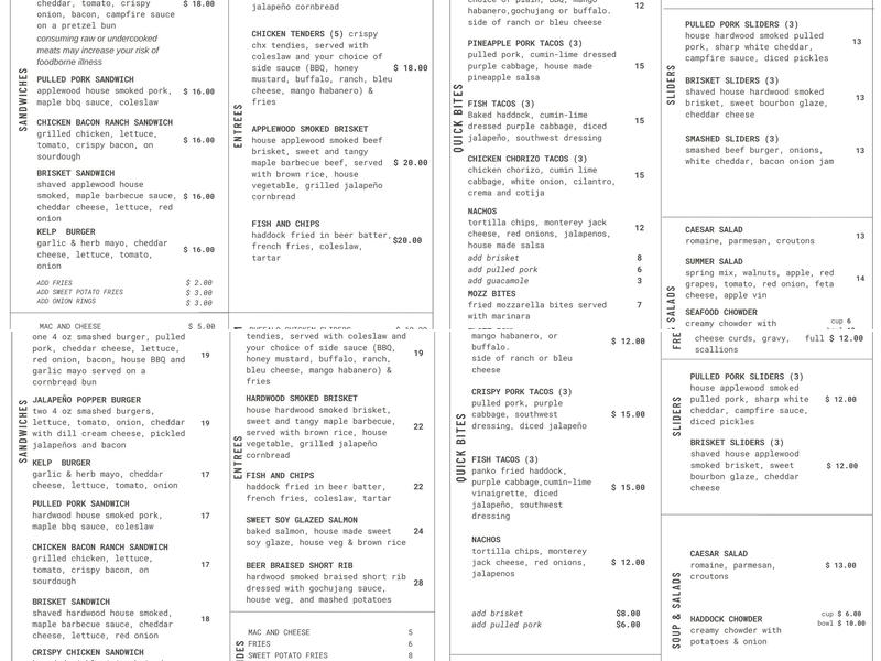 Bath Brewing Company Menu