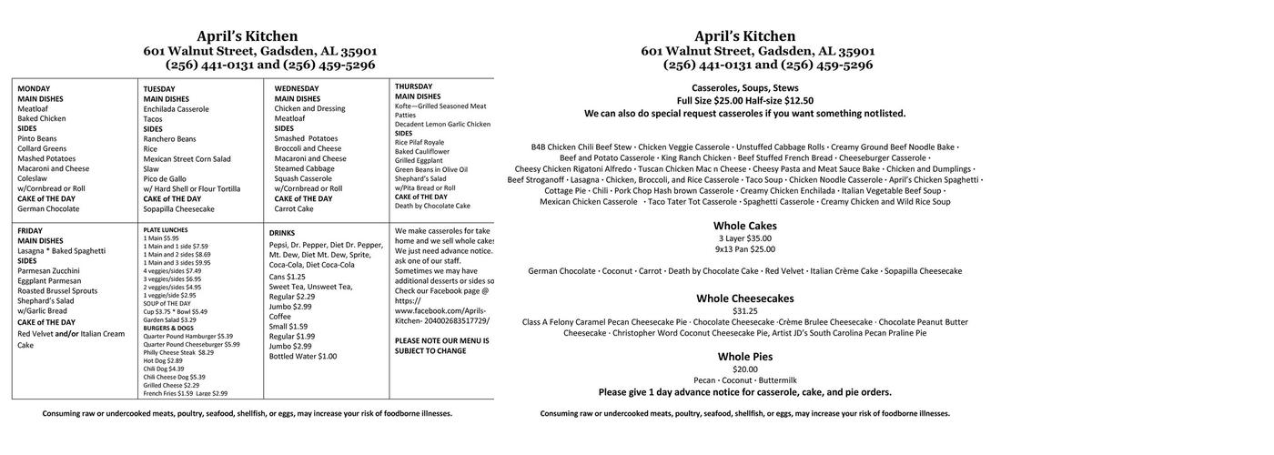 April's Kitchen Menu