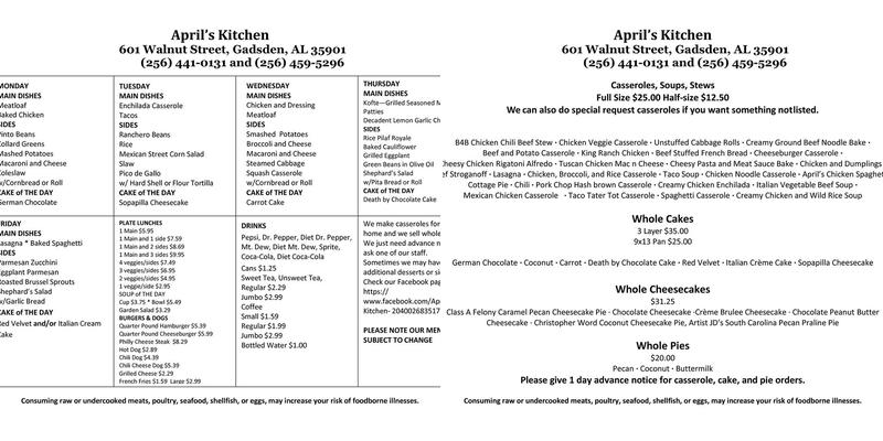 April's Kitchen Menu